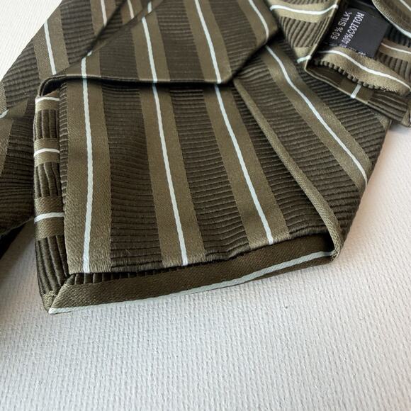 Ike Behar New York Silk Cotton Striped Tie Olive Brown Ribbed Necktie - Picture 3 of 10